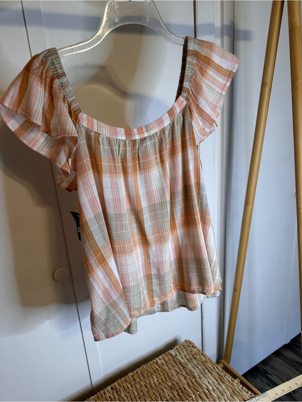 Lucky‎ Brand Peach and Olive Plaid Off-Shoulder Top